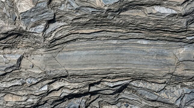 Geological rock formation showing detailed layered strata in grey stone texture depicting natural history and earth science background