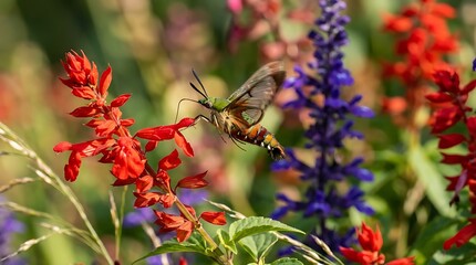 Fototapeta premium Hummingbird moth hovering while collecting nectar from red salvia flowers in summer garden environment high speed nature photography capturing movement and detail of insect in natural sunlight