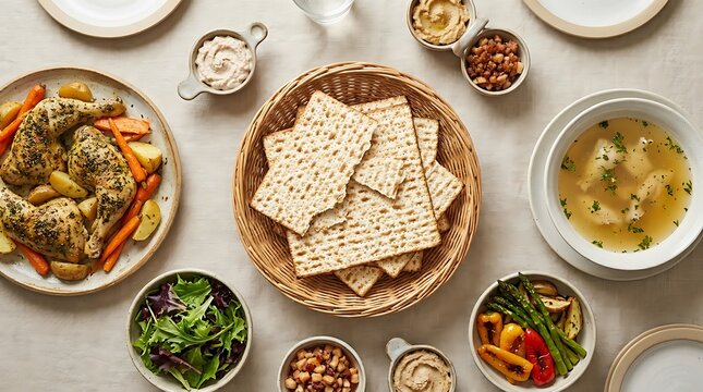 Passover seder dinner table with matzah bread chicken soup roasted vegetables and traditional food spread. Matzah dinner