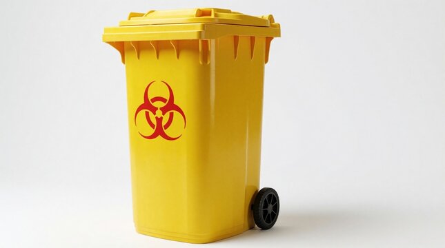Yellow biohazard waste bin with red symbol on white background. Plastic medical container for dangerous infectious material disposal. Large rubbish with wheels for safe hazardous waste management in