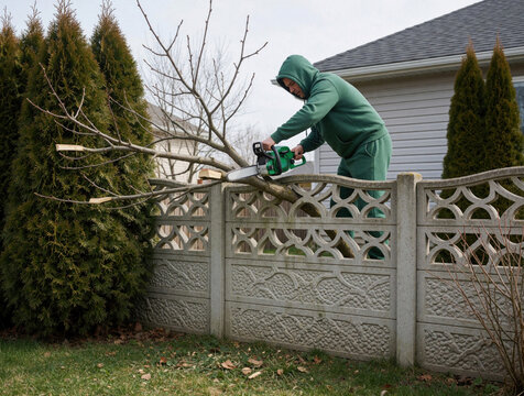 Man cuts tree branch with gas chainsaw near concrete fence. Person trims overhanging branches for yard maintenance. He wears green hoodie and pants. Tall green trees nearby.