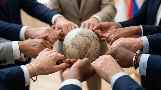 Diverse group of business people holding hands around a globe representing international cooperation.