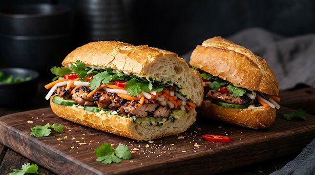 Fresh delicious vietnamese banh mi sandwich with grilled meat vegetables and cilantro on dark wooden board. banh mi sandwich thigh 