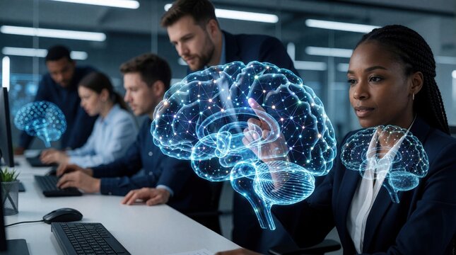 Diverse pro team works on advanced AI tech in modern office. Black woman interacts with glowing holographic human brain. Colleagues collaborate on neural network research, digital innovation using