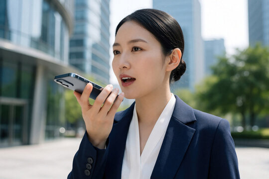 Asian businesswoman uses smartphone voice assistant outdoors. She talks to device in city center street, dictating message or command. Professional woman on mobile phone.