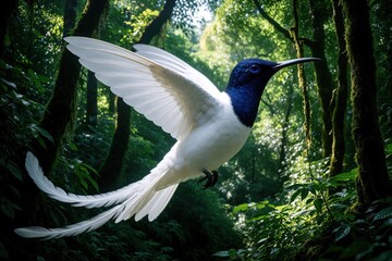 Obraz premium Tiny white bird with blue head hovers mid-air. Its long tail feathers trail behind as it flies through a dense, green forest. Sunlight filters through rich canopy.