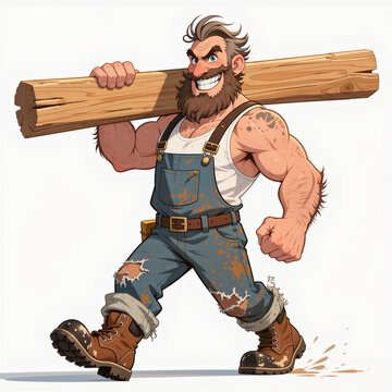 A determined mature carpenter carries a ridiculously long wooden plank with a swaggering grin on his rugged face.