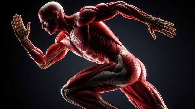 3D render of human muscular system in dynamic running pose. Detailed anatomical model shows muscle fibers, physical structure during intense motion. Athletic body moves fast in dark studio with