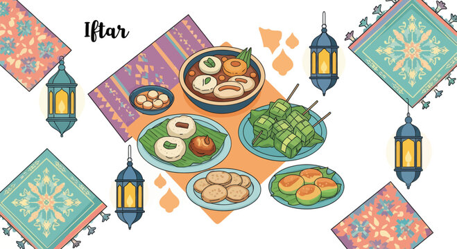 Traditional Iftar food spread with lanterns and carpets.