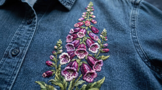 Intricate foxglove flower embroidery with purple pink tones and green leaves stitched on blue denim shirt for fashion apparel.