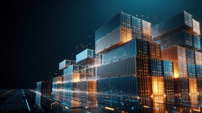 Futuristic digital art shows glowing shipping containers in dark warehouse. Data visualization lights up cargo boxes with orange energy. Smart logistics concept uses tech for global trade management,