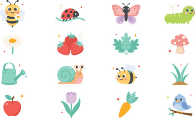 Obraz premium Cute Garden Insect and Spring Nature Vector Icon Set Featuring Bumblebee Butterfly Snail Ladybug Fruits Vegetables and Flowers for Kids Design