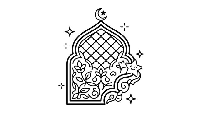 Islamic arch window with floral pattern and crescent moon vector illustration