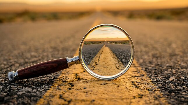 Magnifying glass focused on long straight desert highway leading to horizon at sunset representing travel discovery and visionary future planning for road trip journeys in golden hour photography