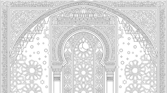 Ramadan mosque archway vector illustration with crescent moon and stars