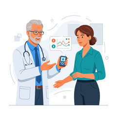Obraz premium Doctor explains glucose monitoring results to patient, showcasing healthcare and diabetes management
