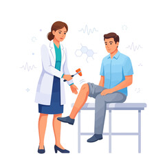 Obraz premium Doctor examining patient's knee reflex with a reflex hammer, medical check-up, healthcare illustration