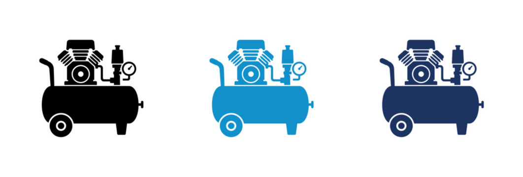 Industrial air compressor icons set in black and blue colors for mechanical engineering and workshop equipment.