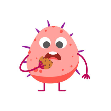 Cute Hungry Pink Spiky Monster Character Holding Chocolate Chip Cookie with Wide Eyes