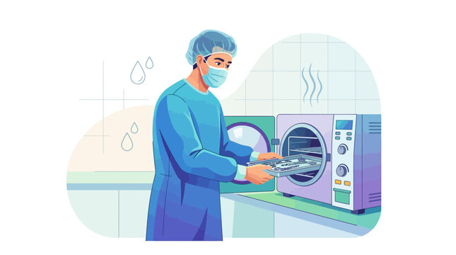 Healthcare professional sterilizing medical instruments in an autoclave