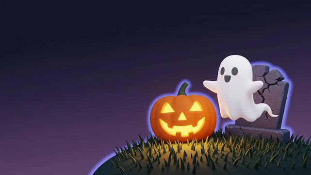 A spooky halloween background featuring a cute glowing pumpkin and ghost near a tombstone in 3D animation style, perfect for autumn holiday greeting cards and eerie celebration banners.