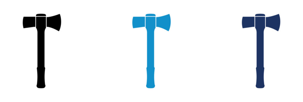 Set of three hammer and axe combination tool icons in black and blue colors.