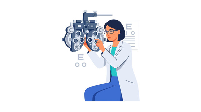 Optometrist conducting eye exam with phoropter and eye chart, flat vector illustration