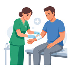 Fototapeta premium Nurse Bandaging Patient's Arm with a First Aid Bandage - Flat Design Illustration