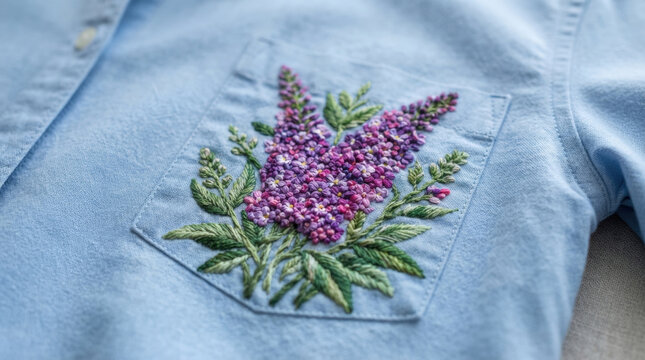 Vibrant purple lavender field embroidery on shirt pocket combines lush green foliage with textured violet flower spikes design.