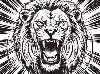 Fototapeta premium Aggressive roaring lion head vector illustration. Monochrome animal portrait with dramatic radiating lines. detailed black and white graphic design for logo or poster