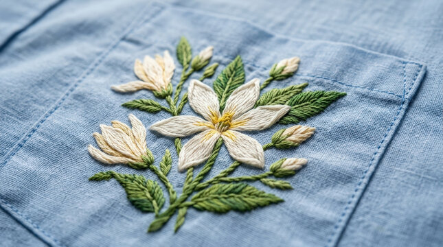 White jasmine blossom embroidery on light blue fabric displays elegant petal textures and green leaf accents for textile design.