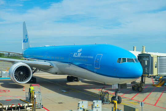 KLM Royal Dutch Airlines Boeing 777-300ER PH-BVP at Amsterdam Airport Schiphol (AMS), Haarlemmermeer, North Holland, Netherlands. 