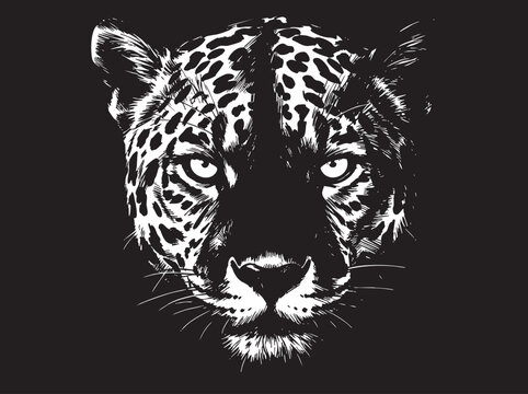 Black and white leopard face vector illustration, detailed spotted wild cat animal graphic design.