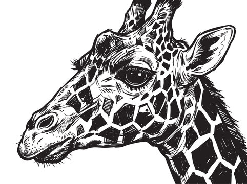 Giraffe head hand-drawn sketch, black and white ink illustration, vintage engraving style vector art for print and design