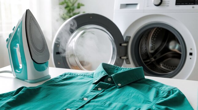 Teal shirt steams as iron waits near open washing machine. Domestic chore, clean clothes, household task. Laundry day routine with modern appliances for fresh fabric care.