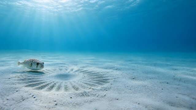 Underwater scene featuring fish swimming near circular sand formation, illuminated by sunlight filtering through water, creating serene atmosphere