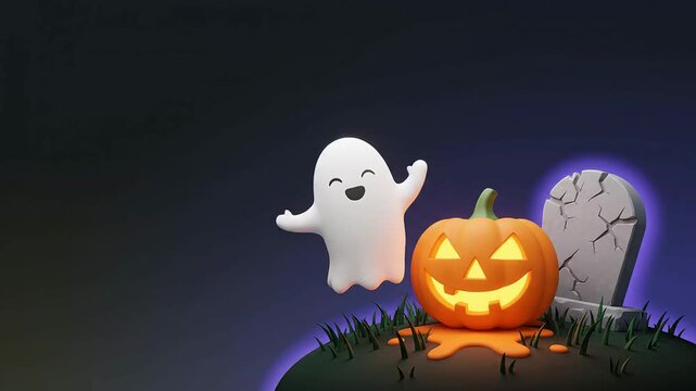 A cute white ghost floating near a glowing jack o lantern pumpkin and a tombstone in a spooky night scene 3D animation loop for Halloween holiday background video.