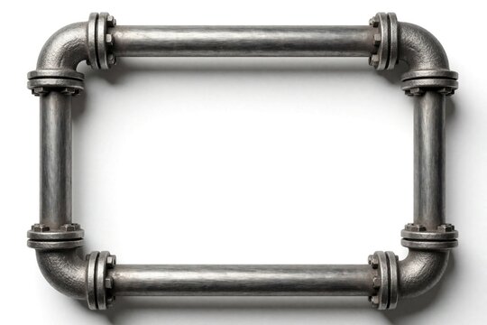 Metal pipes form a rectangular frame on a white background. This industrial element offers a blank space for text or images, suitable for various design needs.