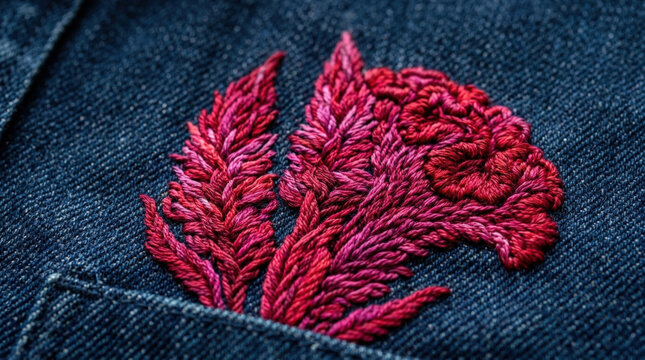 Celosia flower embroidery featuring vibrant pink and magenta silk thread textures sits elegantly on dark blue denim fabric pocket.