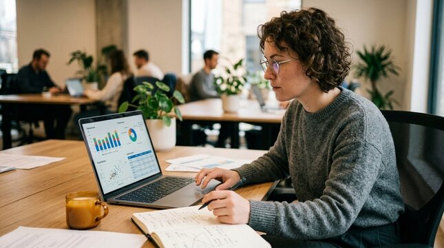 Data scientist reviewing fraud detection output on a laptop &mdash; AI driven risk modeling and insurtech data science