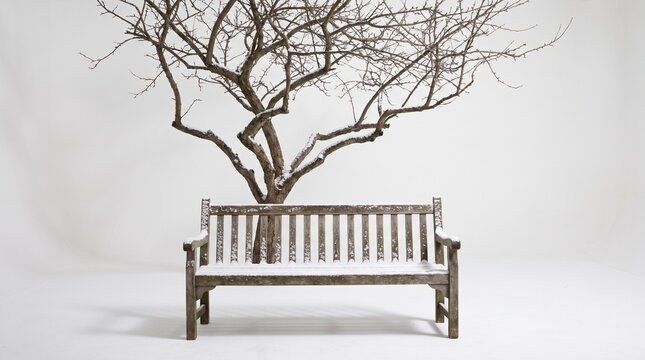 Empty wooden park bench covered in snow beneath a bare tree in winter