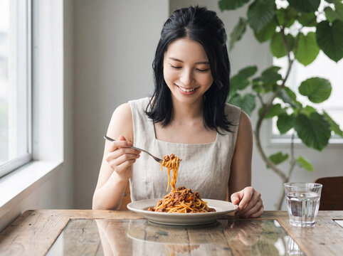 お皿に盛られたボロネーゼをフォークで巻いて嬉しそうに見つめる女性