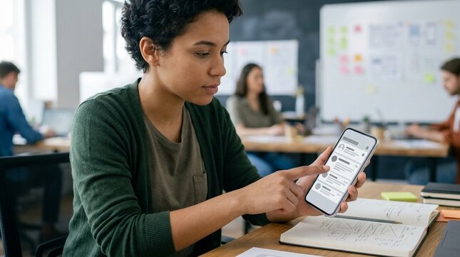 Product designer reviewing a mobile notification design &mdash; digital product design and user experience for insurtech apps