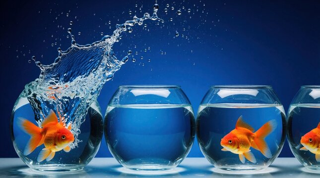 Goldfish leaps from clear bowl creating water splash. Other fish remain in confined aquariums. Concept shows escape ambition and desire for freedom.