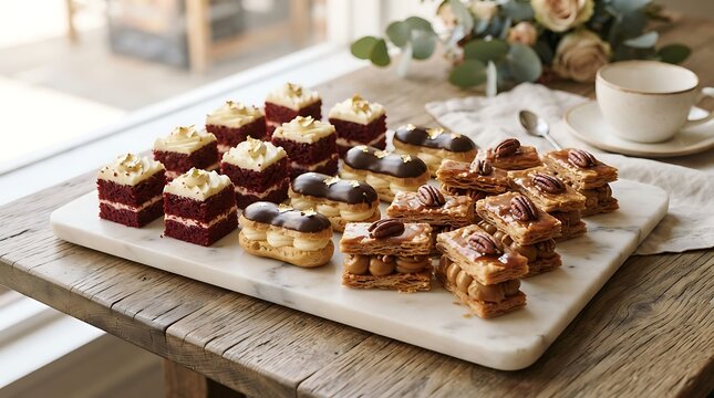 A Sweet Assortment: Indulge in a delightful spread of petit fours, &eacute;clairs, and layered pastries, beautifully arranged on a marble platter, accompanied by a delicate teacup and floral arrangement.