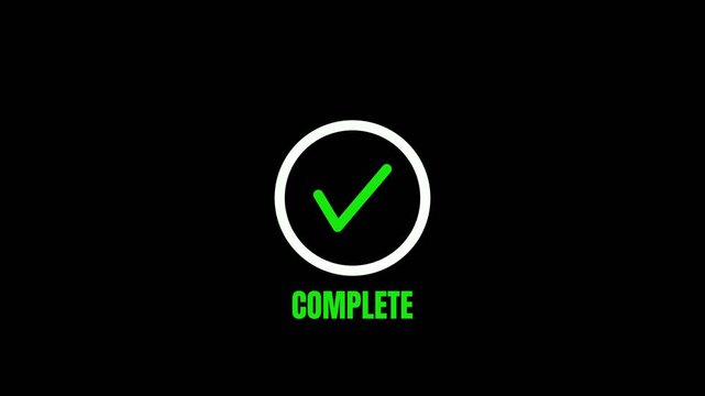 Animated green checkmark inside a white circle with the word COMPLETE on black background