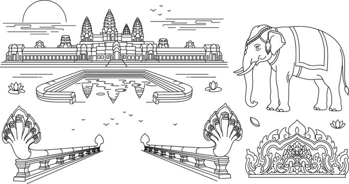 Cambodia Angkor Wat temple vector line art set with traditional naga bridge decorated elephant and nandi lintel