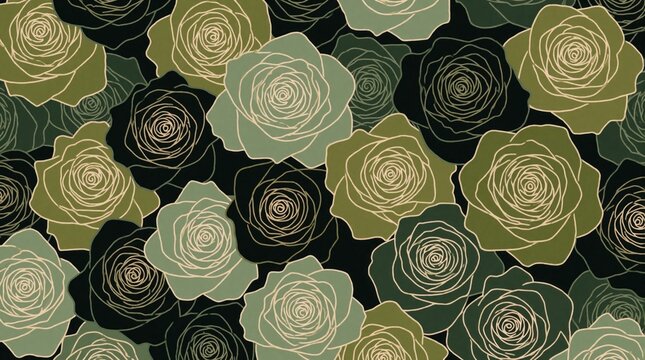 Abstract floral pattern with stylized roses in muted green and black tones. The seamless design uses outlined petals for a graphic, modern look, suitable for textiles or backgrounds.