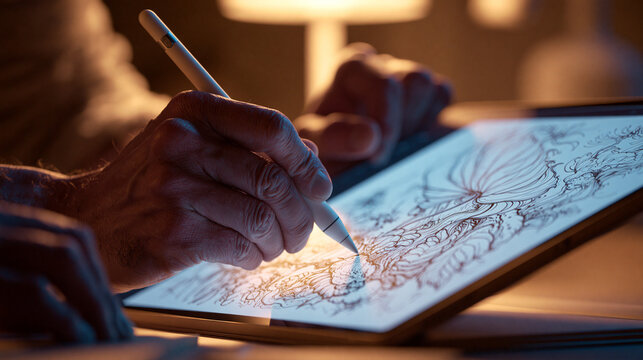 Designer hands using a wireless stylus pen on a digital tablet screen