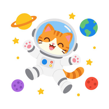 Astronaut cat in space with planets cartoon illustration